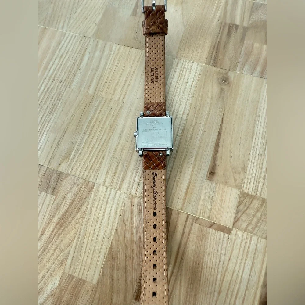 Tommy Bahama ladies square 925 silver brown leather Swiss watch NEW BATTERY